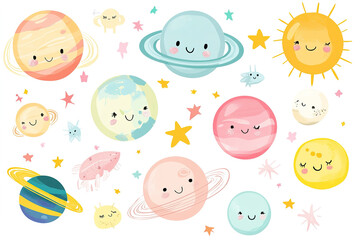 Fototapeta premium Pastel-Colored Vector Set of Adorable Planets, Sun, and Stars in Kawaii Style, Ideal for Baby Room Wallpaper or Sticker Print, Isolated on White Background