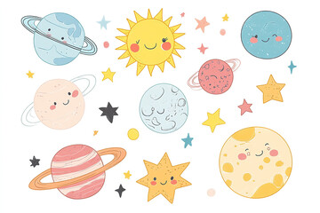 Pastel-Colored Vector Set of Adorable Planets, Sun, and Stars in Kawaii Style, Ideal for Baby Room Wallpaper or Sticker Print, Isolated on White Background


