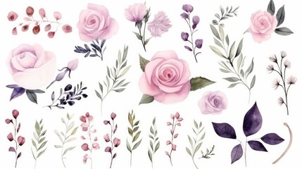 set of different fresh flowers in lilac colors on a white background. Neural network ai generated art