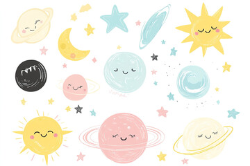 Kawaii Style Vector Illustration Featuring Cute Planets, Sun, and Stars in Pastel Colors on White Background, Perfect for Baby Room Decor and Stickers
