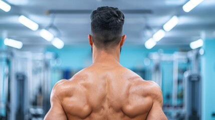 Back to Fitness: A powerful image of a man's toned back as he stands in a brightly lit gym, ready to conquer his workout. His physique speaks volumes about dedication and strength.  