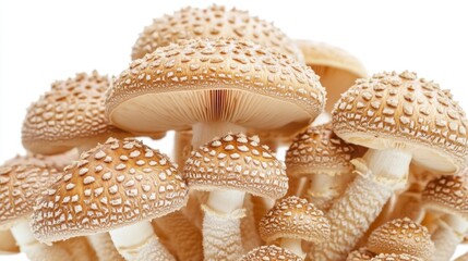 A close-up of a cluster of shiitake mushrooms with detailed textures of the caps and stems, isolated on a clean white background.