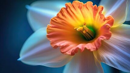 A close-up image of a daffodil with a brilliant yellow center, focusing on the vibrant colors and petal details.
