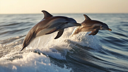 Obraz premium Playful Dolphins Jumping Out of the Ocean Waves
