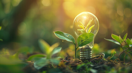 Green energy concept with light bulb and growing plant inside it on fertile soil with sunlight in the background.