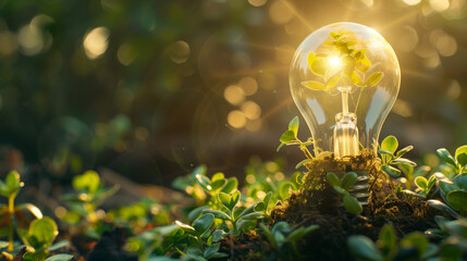 Green energy concept with light bulb and growing plant inside it on fertile soil with sunlight in the background.
