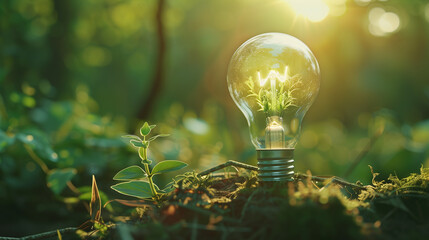 Green energy concept with light bulb and growing plant inside it on fertile soil with sunlight in the background.