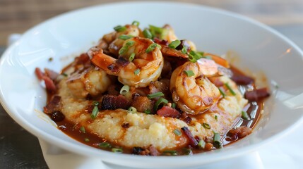 Naklejka premium A delectable serving of shrimp and grits with succulent shrimp cooked in a rich spicy sauce over creamy cheesy grits garnished with scallions and bacon bits food photography Southern cuisine