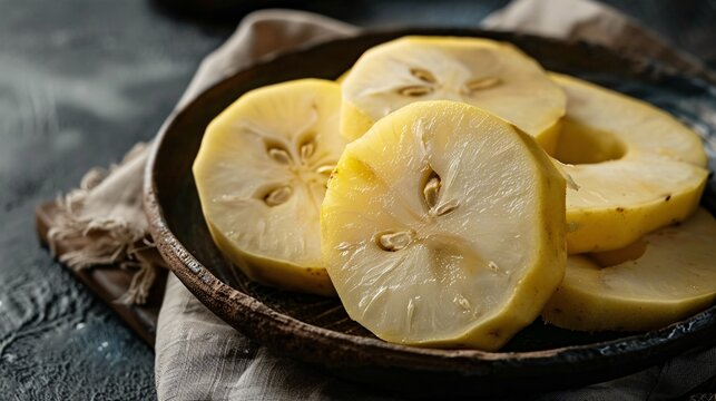 Boiled breadfruit wedges served on a plate against a dark backdrop.