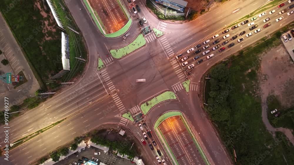 Wall mural expressway top view, road traffic an important infrastructure, car traffic transportation above inte