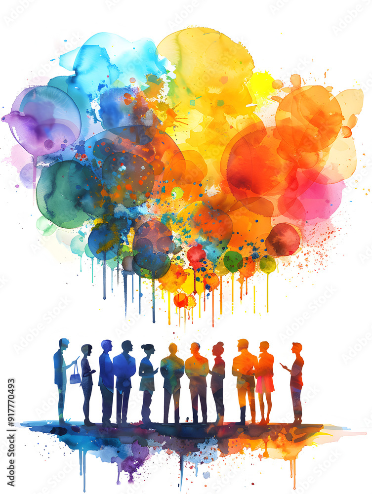 Aufkleber a group of people discussing watercolor business solutions with laptops against a whimsical backgrou