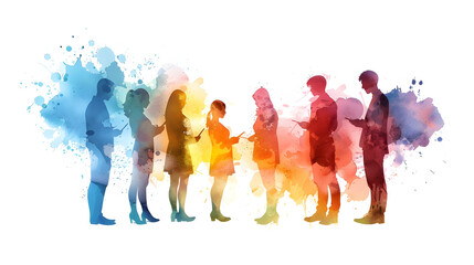 Fototapeta premium A group of people discussing watercolor business solutions with laptops 3D Flat icon concept