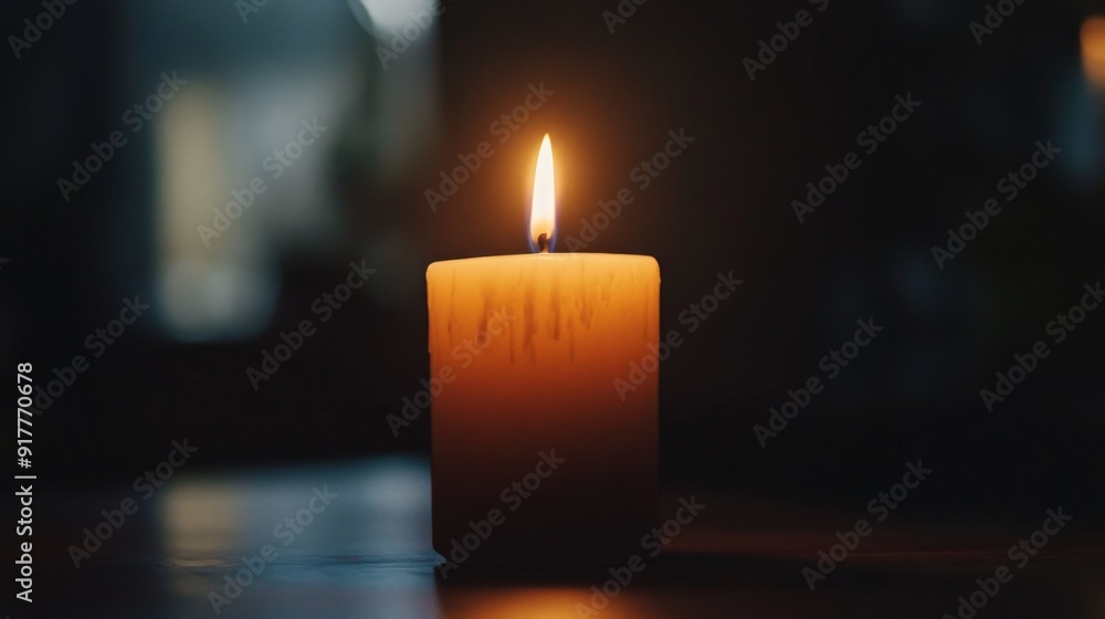 Poster a close-up of a single candle flame glowing softly in a dark room, with the flickering light casting