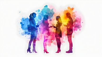 A group of people discussing watercolor business solutions with laptops set against a whimsical background, offering ample space for text or graphics.