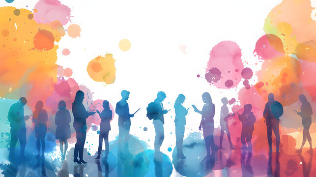 A group of people discussing watercolor business solutions with laptops on a whimsical background   Concept of 3D flat icons blending creativity and technology for problem solving