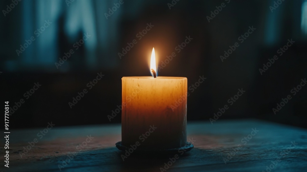 Poster a close-up of a single candle flame glowing softly in a dark room, with the flickering light casting