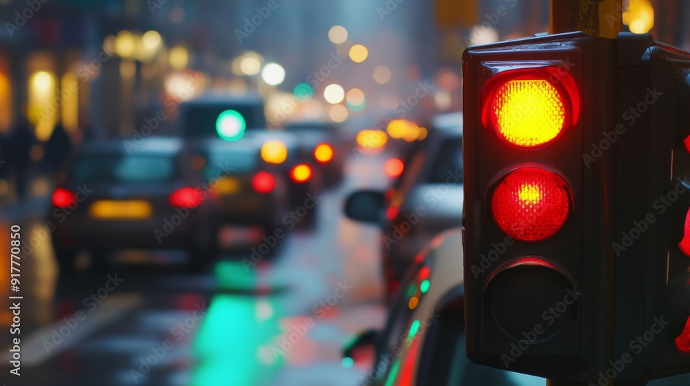 Poster a close-up of a traffic light changing from red to green, with cars waiting at the red light and the