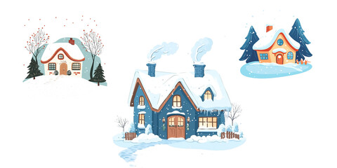 Hand drawn winter house cute countryside cottage