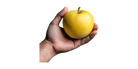 Hand holding a yellow apple isolated on transparent