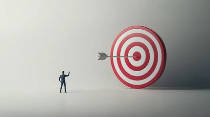 A small figure of a businessman stands facing a massive red-and-white bullseye on a gray background, symbolizing the concept of setting and achieving large goals.