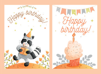 Childrens cute greeting card. Cartoon raccoon celebrating with a birthday cake in a pastel design. Vector.