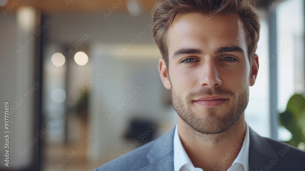Poster a close-up of a young businessman on a video call, with a clear view of his engaging expression and 