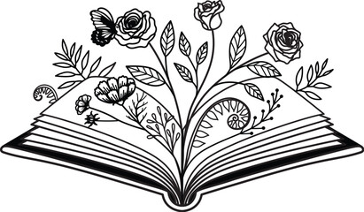 Flowers and butterfly on open book stacks with editable strokes. Vector illustration.