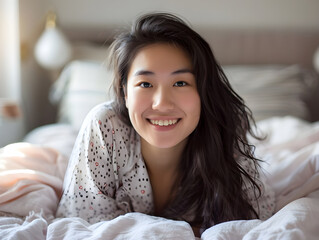 A cheerful woman with tousled hair smiles warmly while relaxing in a cozy bedroom, creating a comforting and inviting atmosphere.