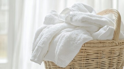 Obraz premium A close-up of an overflowing laundry basket filled with white towels and linens, set against a bright, clean background.