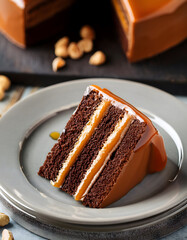 Slice of chocolate cake with a layer of caramel. 