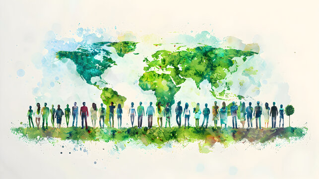 A group of people discussing watercolor earth and green projects on a dreamy background with space for text, symbolizing creativity, innovation, and green project planning.