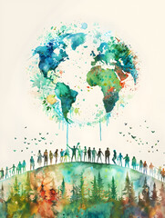 3D Flat Icon People with Watercolor Earth and Green Projects Concept for Seamless Integration of Creativity, Innovation, and Green Project Planning on Dreamy Background | Adobe Sto