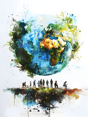 Creative 3D Flat Icon of People with Watercolor Earth and Sustainability Plans on White Background   Integration of Creativity, Innovation, and Environmental Project Planning