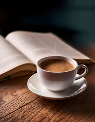 cup of coffee with an open book on a wooden table. still life