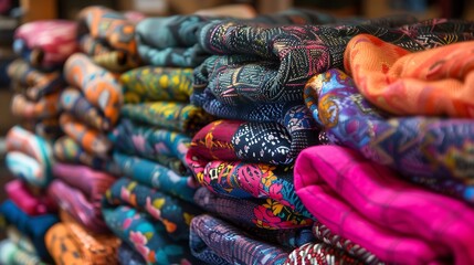 A pallet has an array of colorful scarves stacked and folded
