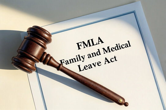 A wooden gavel on the peace of paper with the word phrase text "FMLA abbreviation acronym for Family and Medical Leave Act
