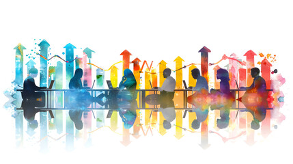 A group of people analyzing watercolor financial growth charts with laptops on a fantastical background   Creative 3D Flat Icon Concept for Business Growth