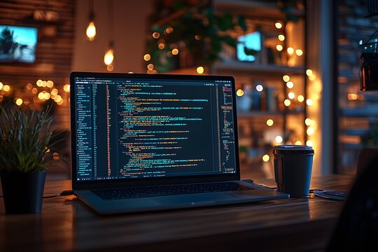 Cozy workspace with a laptop displaying code, warm lighting, and a coffee cup.