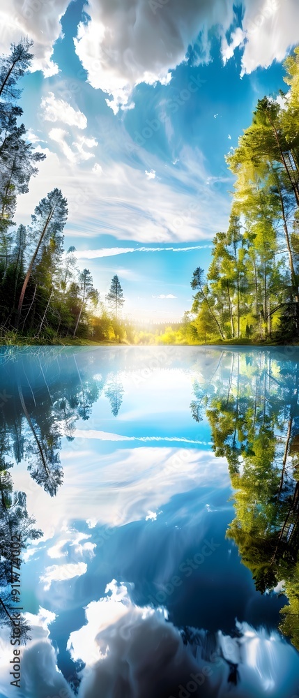Poster reflection of trees and clouds in a calm lake.