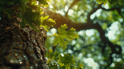 Fototapeta premium Beautiful beech tree taken directly from below with nice and old trunk during springtime with beautiful green colors in the Montseny nature reserve in the Catalonia region.
