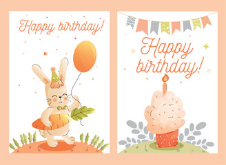Childrens cute greeting card. A birthday card design featuring a rabbit, a balloon and a cupcake with a candle. Vector.