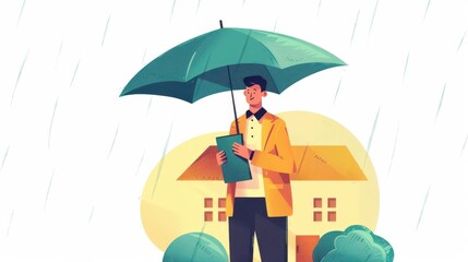 A man stands under a green umbrella in the rain, showcasing resilience in a vibrant and colorful outdoor scene.