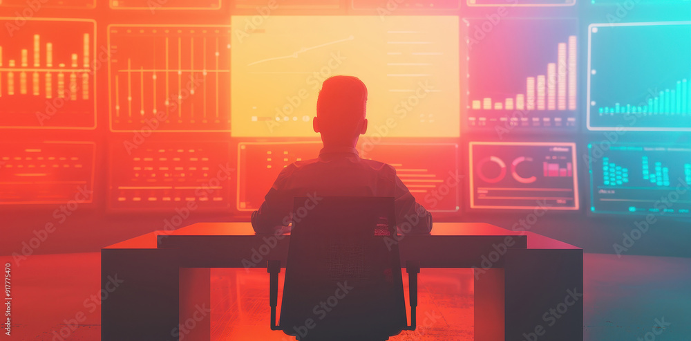 Poster a professional analyzing data in a modern workspace, surrounded by vibrant graphical displays and di