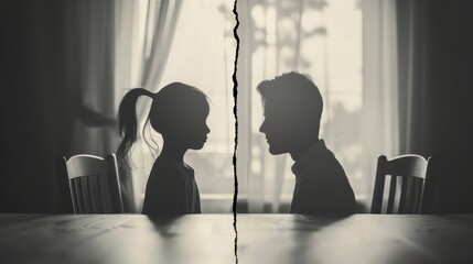 Silhouette of divided family depicting emotional tension and separation concept in artistic black and white photography.