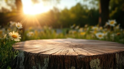 Fototapeta premium photo of tree stump on blurred background, sunset light, green meadow with flowers, space for text or product display, summer nature background