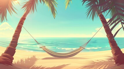 Illustration of a tranquil tropical beach scene with a hammock between palm trees, overlooking the calm ocean and clear blue sky.