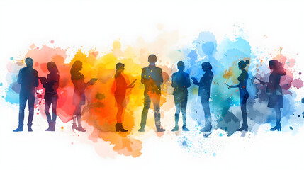 Naklejka premium A group of people interacting with watercolor technology interfaces on laptops Integration of art and digital tools in business technology concept