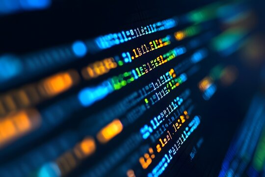 Abstract computer code showcasing vibrant blue and orange patterns in soft focus.