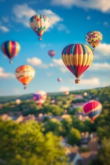 Obraz premium A colorful hot air balloon festival with miniature balloons floating in the sky, enhanced by the tilt-shift effect. 