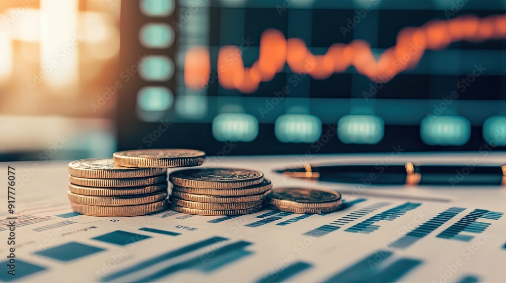 Poster stacked coins on financial data with blurred stock market graph in background